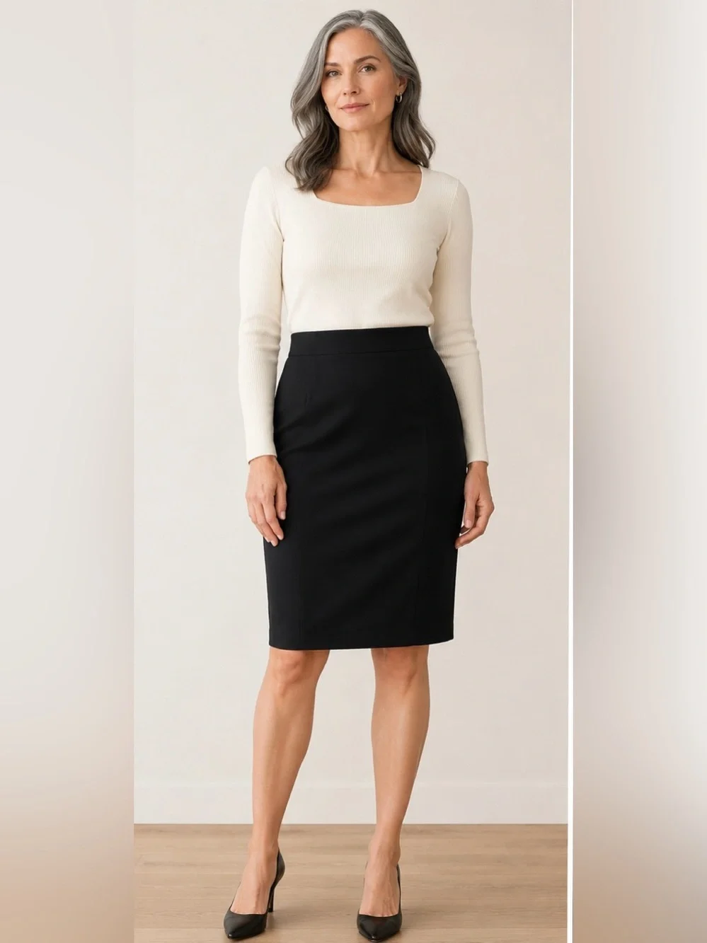 Eileen Fisher Woman Black Pencil Skirt Size 1X Stretch Knit Career Classic